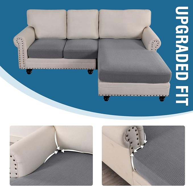 H.VERSAILTEX Sectional Couch Covers 3 Pieces Sofa Seat Cushion Covers L Shape Separate Cushion Couch Chaise Cover for Both Left/Right Sectional Couch (Seat Only: 1 Chaise + 2 Sofa, Dove)