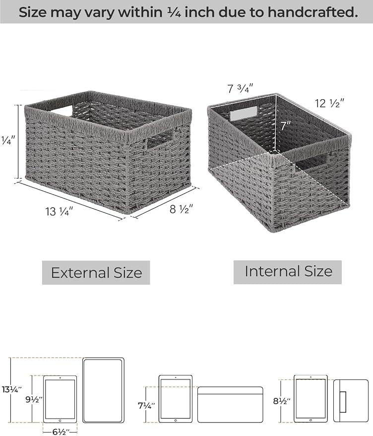 StorageWorks Wicker Storage Baskets,Gray Baskets for Storage,2-Pack | Paper Rope Wicker Storage Baskets for Shelves,Rectangular Wicker Baskets with Handles,Handwoven Grey Baskets,Woven Baskets