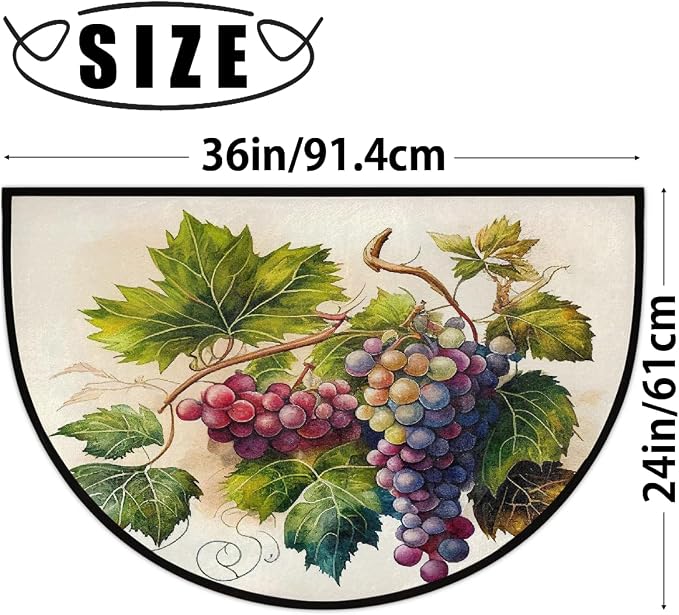 Grape Half Round Doormat Non-Slip Semi Circle Rug Half Moon Mat | Retro Fruit Leaf Washable Soft Absorbent Indoor Outdoor Entrance Kitchen Bathroom Sink Patio Welcome Fireplace Floor Rug
