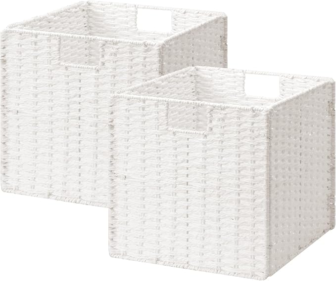 StorageWorks 13 inch Wicker Storage Baskets,White Wicker Baskets,Foldable | 2-Pack,Handwoven Baskets for Organizing,Paper Rope Square Storage Cubes,Organizer Baskets,Wicker Storage Cubes,Square Baskets