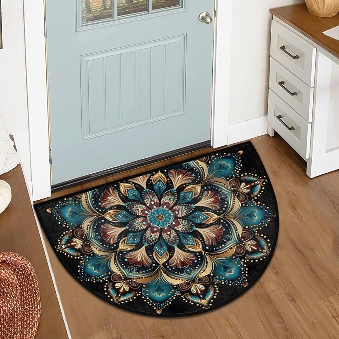 Boho Bohemia Colorful Half Round Door Mat Non-Slip Semi Circle Rug Washable Half Moon Floor Rug Absorbent Bathroom Area Rugs for Outdoor Indoor Fireplace Mat Entryway Kitchen Decor Rugs