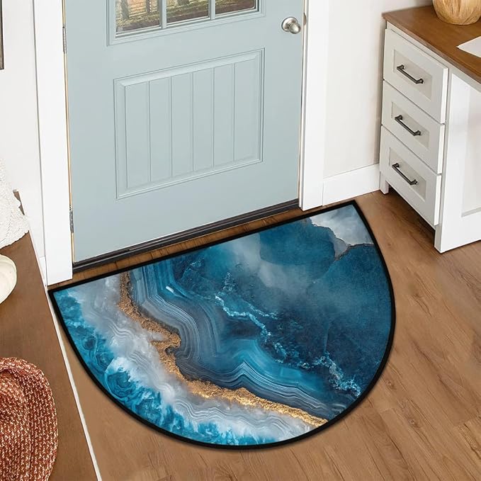 Modern Marble Blue Half Round Door Mat Half Moon Rug Washable Half Circle Area Rugs Indoor Entrance Non Slip Semi Circle Bathroom Rugs Floor Carpet for Kithen Bedroom Fireplace Decor