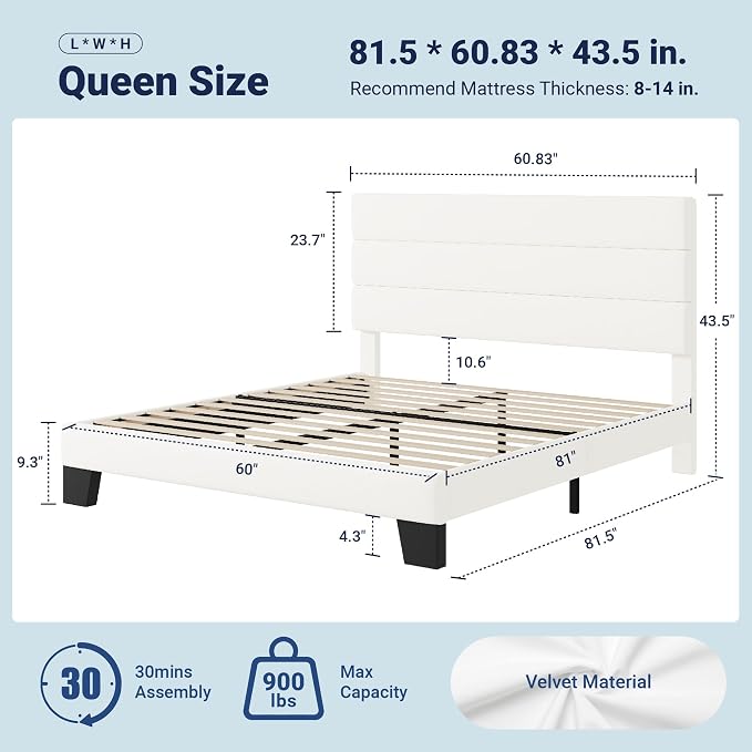 Allewie Queen Size Platform Bed Frame with Velvet Upholstered Headboard | Wooden Slats Support, Fully Upholstered Mattress Foundation, No Box Spring Needed, Easy Assembly, Noise-Free, White