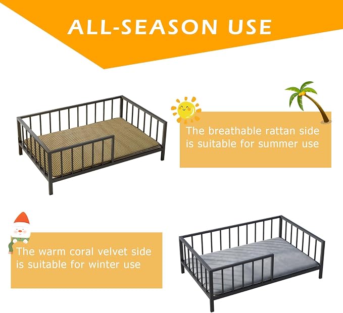 OSCHF Dog Bed with Rails - Elevated Pet Metal Bed Frame with Solid Wood Board and Washable Soft Mat for Medium Dog Indoor or Outdoor Use, 25.2" x 37.8", Black