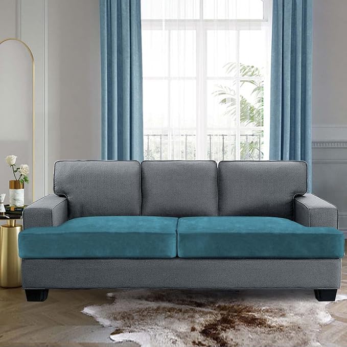 H.VERSAILTEX Stretch Velvet 2 Piece T Cushion Sofa Slipcovers Individually Sofa Cushion Covers for 2 Cushion Couch Seat Cushion Cover for Sofa Seat Cushion Cover Stay in Place (Sofa,Peacock Blue)