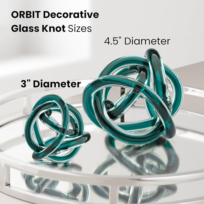 Torre & Tagus Orbit Hand Blown Glass Infinity Knot Sculpture - 3 Inch Glass Art Teal Knot Decor Ball for Home Decor, Small Centerpiece Table Decoration for Home Interior (Clear Teal)