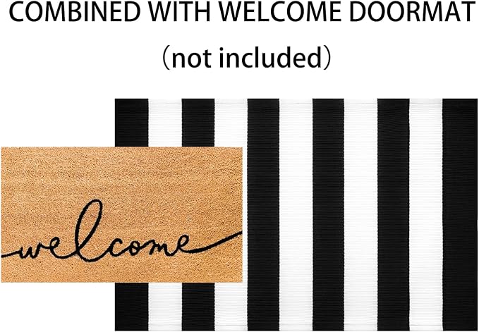 Washable Proch Rug Soft Entryway Rug 2.3'X3.6', Cotton Woven Bathroom Rugs Front Porch Decor Black and White Area Rug Outdoor Rug