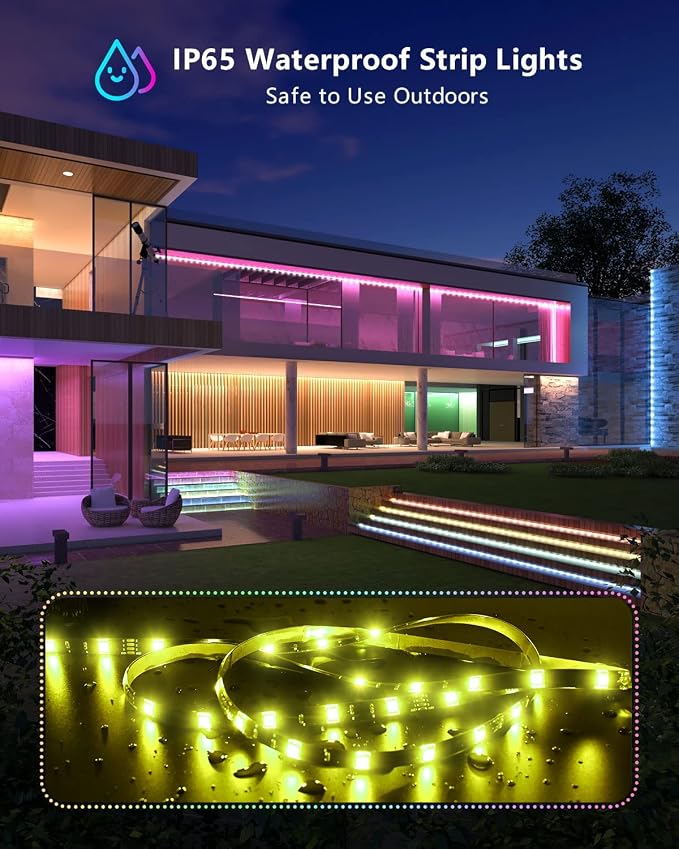 MIHEAL 5050 RGB WiFi Smart LED Strip 32.8Ft 300LED IP65 Waterproof Kit | App & voice control lighting with music mode, DC12V power adapter, works with iOS & Android indoor decor