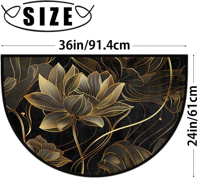 Lotus Golden Half Round Door Mat Semi Moon Rug Fireplace Carpet Area Rugs | Flower Lotus Non Slip Absorbent Half Circle Mat Carpet for Indoor Outdoor Patio Kitchen Bathroom Entryway Home Decor