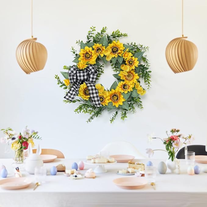 Garvee Summer Wreaths for Front Door, 18" Artificial Sunflower Wreath | Faux Greenery Wreath with Yellow Floral and Buffalo Check Bow, for Farmhouse Porch Window Wall Home Decor