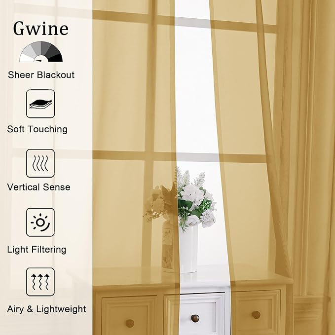 Gwine Gold Sheer Curtains 90 Inches Long 2 Panels Set, Light Filtering Solid - Image 2
