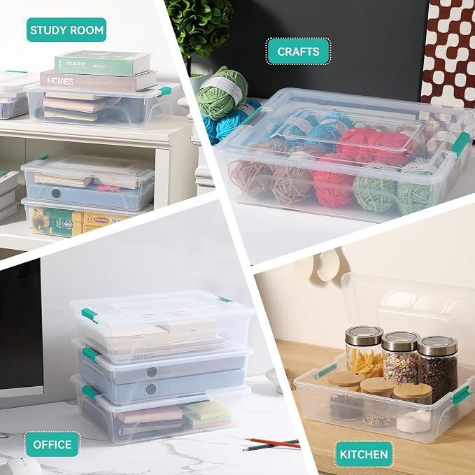 novelinks 10 Quart Clear Plastic Storage Containers with Lids (4 Pack) | Storage Bins with Lids, Stackable Small Clear Bins, Craft Storage Box, Paper Storage, Under Bed Storage Bins, Pencil Box