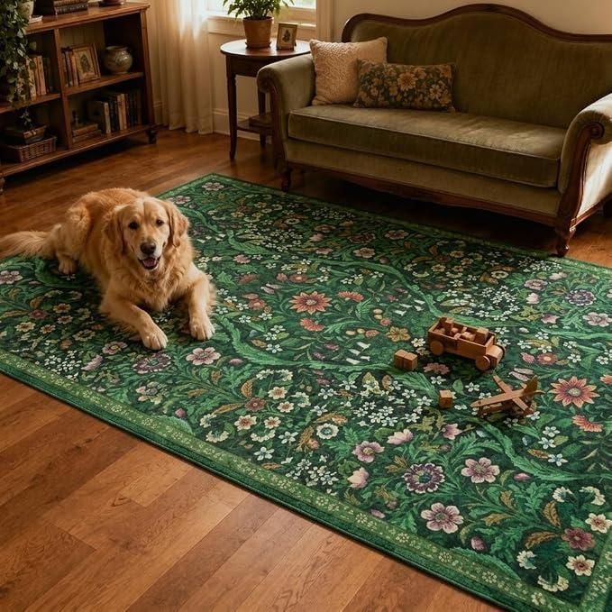 Dark Green Boho Rug 5x7, Living Room Vintage Non-Slip Rugs, Washable Floral Rug, Non-Slip Botanical Carpet for Bedroom Stain Resistant for Dining Room, Office, Home Decor