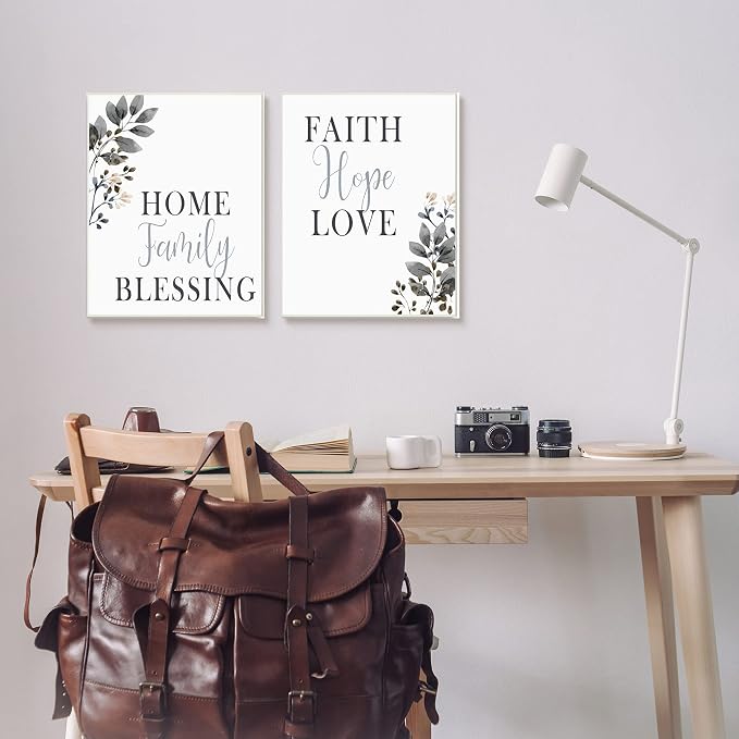 Stupell Industries 'Faith Hope Family Phrases Soft Black Florals', 2pc Wall Plaque Art Set, 13 x 19 Inches, Easy to Hang and Sturdy, Made in USA, by Kim Allen | Stupell Industries | 13 x 19 Inches, Easy to Hang and Sturdy, Made in USA, by Kim Allen