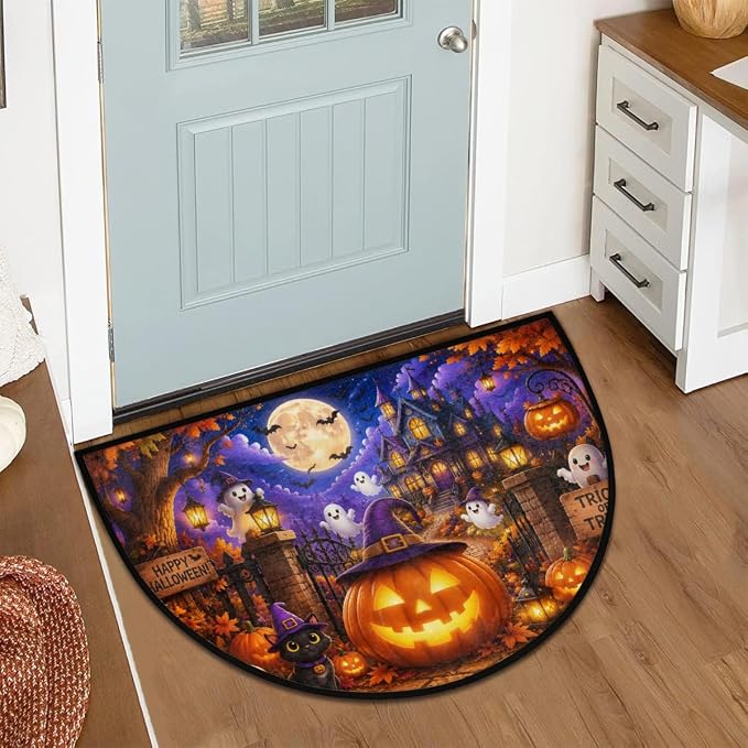 Halloween Half Round Door Mat Welcome Entrance Mat Bath Bathroom Rug A1 | Halloween Ghost Pumpkin Welcome Entrance Mat Anti-Slip Half Moon Bath Mat Semi Circle Rug Indoor Outdoor Kitchen Rug