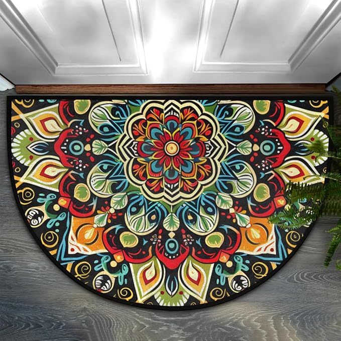 Half Round Door Mat Ethnic Flower Colorful Mandala Non-Slip Semi Circle Area Rug Washable Half Moon Hearth Rugs for Indoor Outdoor Bathroom Kitchen Patio Runner Mat Laundry Room Home Decoration