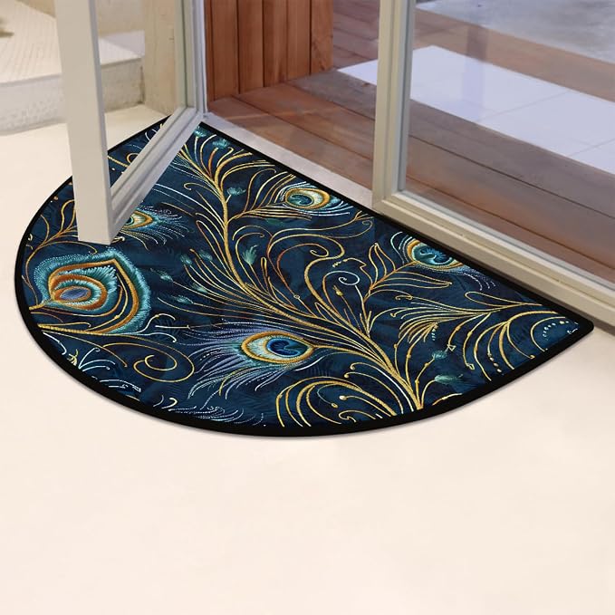 Peacock Half Round Doormat Non-Slip Semi Circle Rug Half Moon Mat | Color Feather Bird Washable Soft Absorbent Indoor Outdoor Entrance Kitchen Bathroom Sink Patio Welcome Fireplace Floor Rug