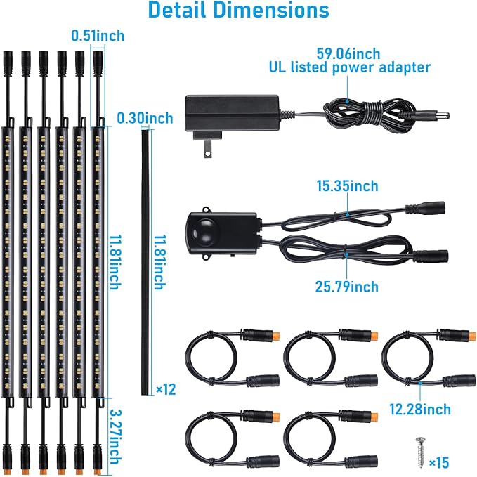TORCHSTAR 6pcs 12 Inch LED Safe Lighting Kit, Motion Sensor, 3CCT | UL Power Adapter, Input 100-240V, Linkable Gun Safe Light Bars, 900LM, for Under Cabinet Locker Closet, 3000K/4000K/5000K