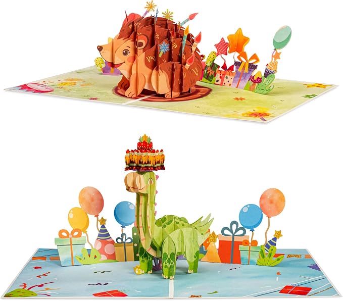 Paper Love Birthday Pop Up Cards 2 Pack - Includes 1 Birthday Hedgehog and 1 Birthday Dinosaur, For Adults or Kids -8" x 6" Cover - Includes Envelope and Note Tag