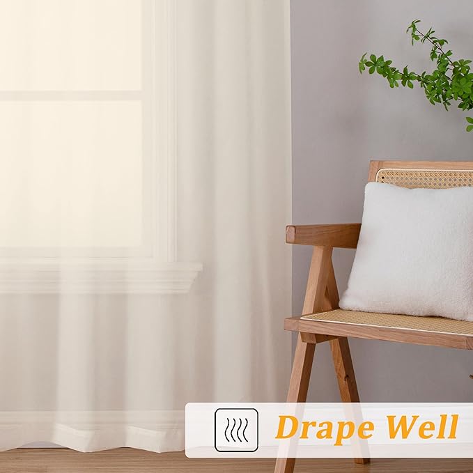 Gwine Cream Sheer Curtains 63 Inches Long 2 Panels Set, Voile Light Filtering - Image 6