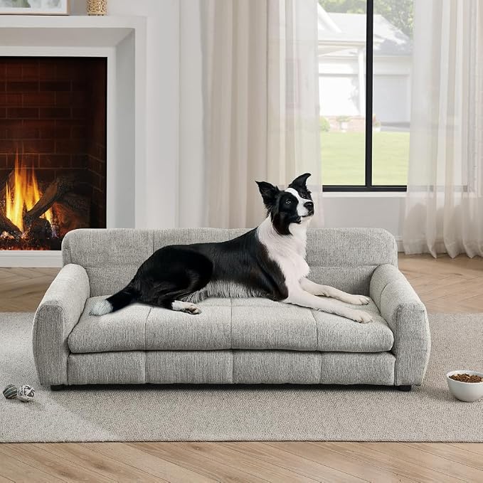 51" Dog Sofa Couch Bed for Small, Medium, Large Dogs, Soft Memory Foam Pet Sofa with Durable Linen Fabric, Comfortable Pet Couch with Backrest and Armrests, Easy to Clean and Maintain（Beige）