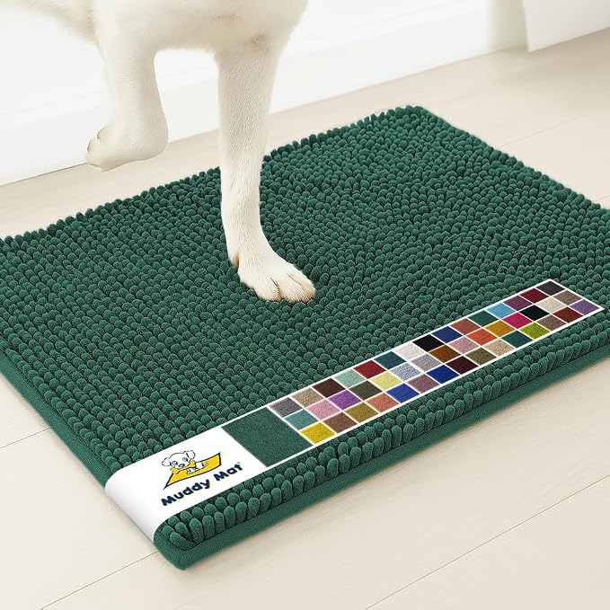 Muddy Mat® | Super Water Absorbent Door Mat Indoor, Microfiber Quick Dry Chenille Entryway Rug, Slip Resistant Front Door Mat, Indoor Mats for Entryway, Machine Washable Pet Rug, Dark Green 36" x 72"