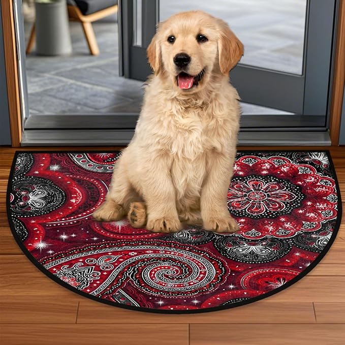Paisley Half Round Rug Half Moon Door Mat Half Circle Rugs | Ethnic Flowers Washable Non-Slip Semi Circle Rug Welcome Half Round Door Mat Indoor Entrance Bedroom Living Room Decor B286