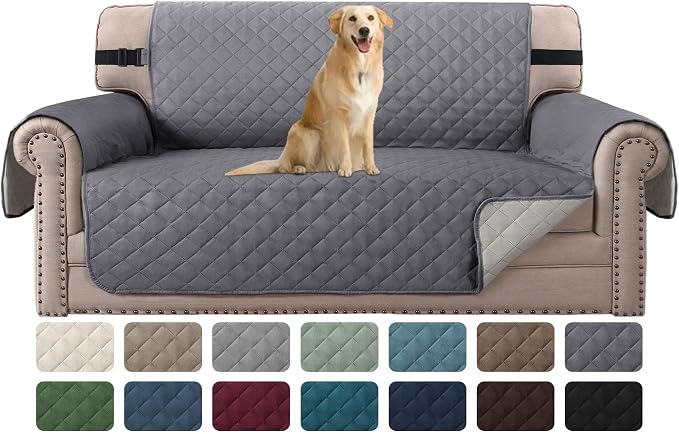 H.VERSAILTEX Loveseat Slipcover Reversible Loveseat Cover Seat Width Up to 54" Water Resistant Couch Cover with Elastic Strap Quilted Furniture Protector for Pets(Oversized Loveseat, Grey/Beige)