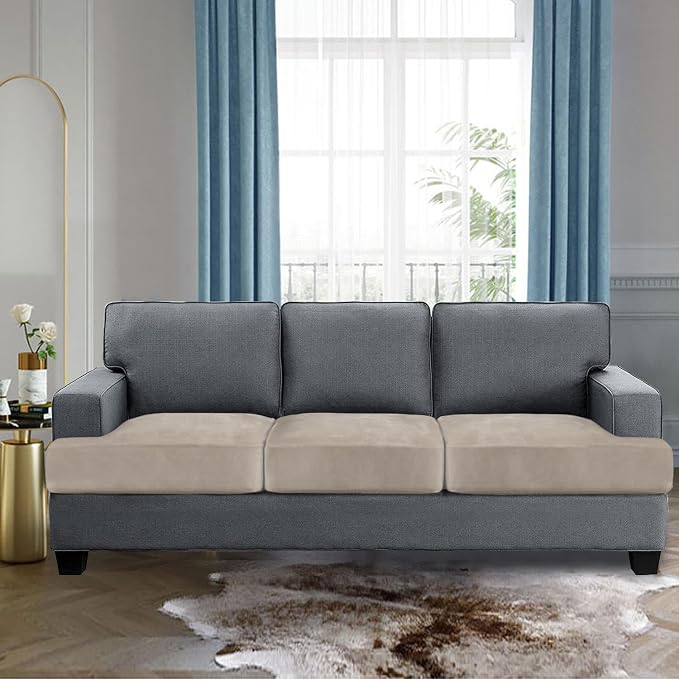 H.VERSAILTEX Stretch Velvet 3 Piece T Cushion Sofa Slipcovers for Living Room Individually Sofa Covers for 3 Seat Cushion Covers Stay with Elastic Bands (Sofa, French Oak)