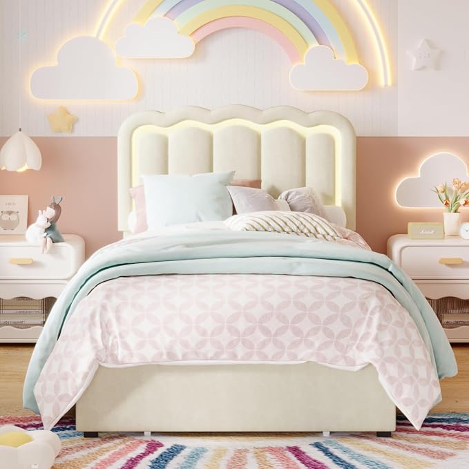SHA CERLIN Twin Size Bed Frame with LED Lights and Storage Drawer, Cream | Upholstered Velvet Platform Bed with Adjuatable Wavy Headboard, Noise-Free, Easy Assembly,No Box Spring Needed