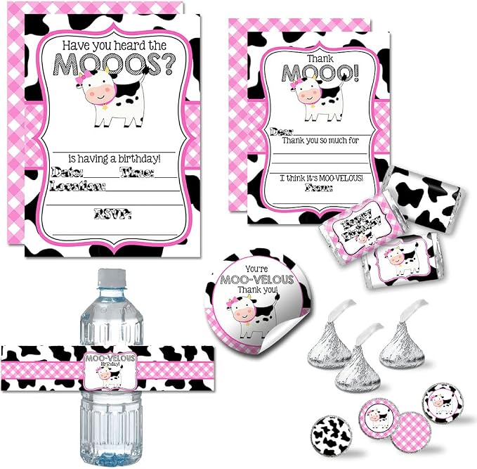 Amanda Creation Deluxe Heard the Moos Pink Cow Birthday Party Bundle Includes 20 Invitations & Thank You Cards with Envelopes + Stickers, Mini Candy Bar Wrappers, & Water Bottle Labels!