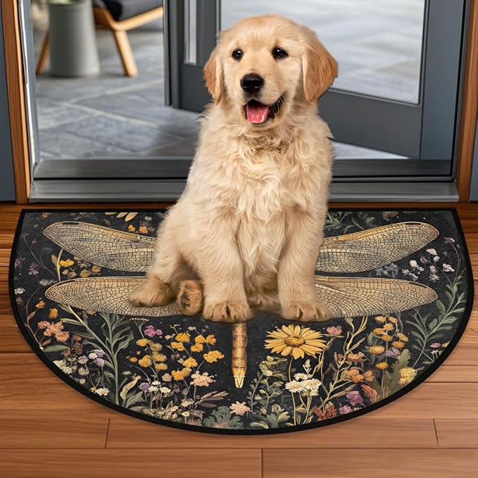 Dragonfly Half Round Door Mat Outdoor Doormat Bedroom Entrance Rug A20 | Dragonfly Flower Floral Semi Moon Door Mat Non-Slip Absorbent Kitchen Rug Indoor Welcome Bath Mat 36" X 24"