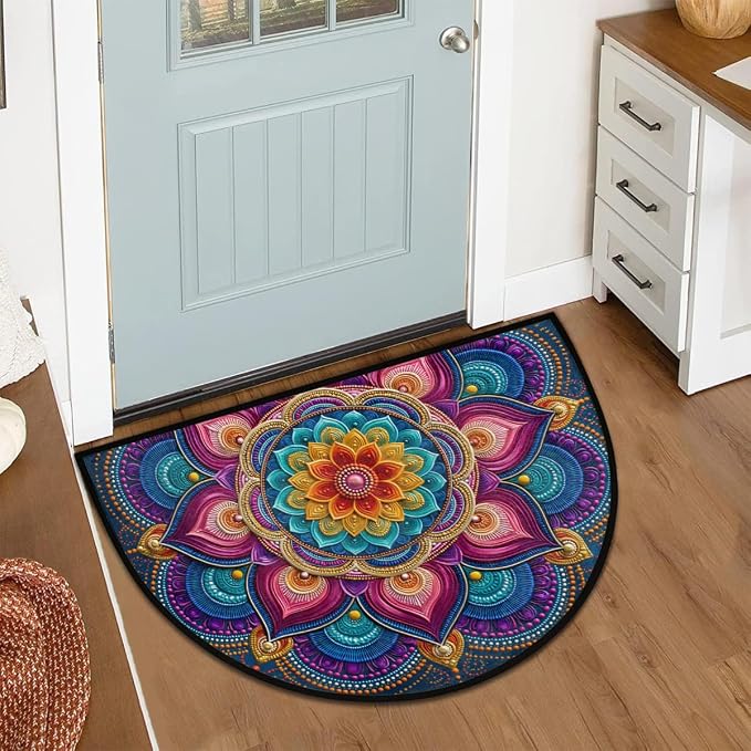 Boho Half Round Door Mat Semi Moon Rug Fireplace Carpet Area Rugs | Color Symmetrical Non Slip Absorbent Half Circle Mat Carpet for Indoor Outdoor Patio Kitchen Bathroom Entryway Home Decor