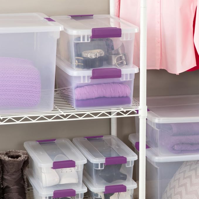 Sterilite ClearView Latch Boxes, Storage Bins with Lids, 15 Quart, 36-Pack | Clear Plastic Organizers with Color Accent Latches for Closet, Bedroom, Shelving Units, Dorm Room and Home Organization