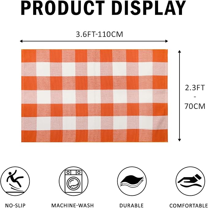 Buffalo Plaid Outdoor Rug 27.5" x 43" Orange and White Checkered Area Rug Halloween Washable Doormats Fall Indoor Outdoor Rugs for Layered Front Door Mats, Porch, Entryway, Kitchen, Farmhouse