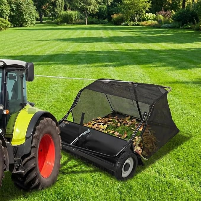 Tow Behind Lawn Sweeper 48" Wide, 26 Cu.Ft Large Hopper Yard Sweeper, Pull Behind Leaf Collector with Adjustable Sweeping Height, Universal Fit for Lawn Tractor & Debris Cleanup
