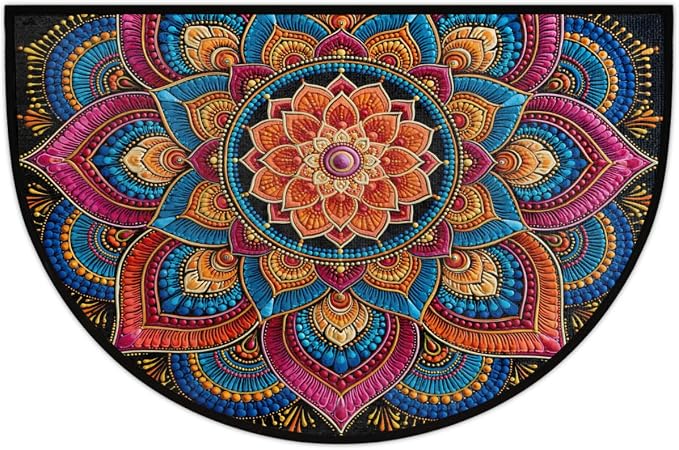 Flower Half Round Door Mat Semi Moon Rug Fireplace Carpet Area Rugs | Boho Geometric Non Slip Absorbent Half Circle Mat Carpet for Indoor Outdoor Patio Kitchen Bathroom Entryway Home Decor
