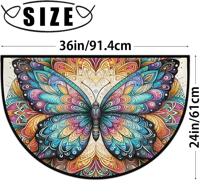 Colorful Butterfly Boho Half Round Mat Half Moon Door Rug Washable Durable Semi Circle Carpet Floor mats for Indoor Outdoor Bathroom Kitchen Patio Hearth Rug Laundry Room Home Decoration