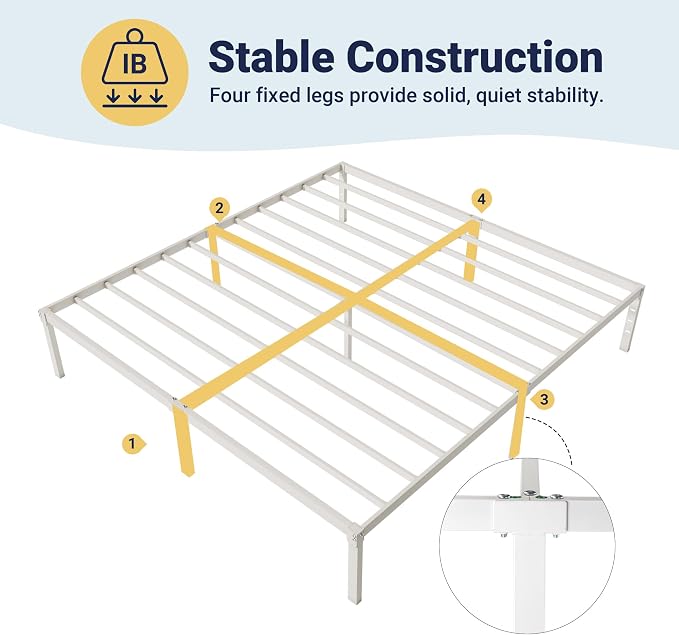 Allewie King Size Bed Frame, 14 inch Metal Beds with Storage Space, White | Heavy-Duty Metal Platform Beds, Large Under-Bed Storage Space, No Box Spring Needed, Easy Assembly