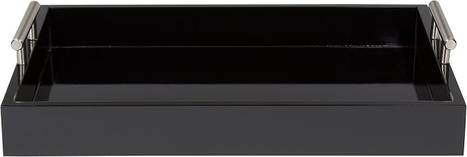 Kate and Laurel Lipton Decorative Tray with Polished Metal Handles, Black and Silver