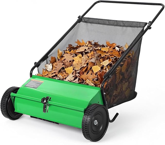 Steel 26 Inch Push Lawn Sweeper with 7 Cu ft Hopper Bag | Walk Behind Heavy Duty Leaf Collector and Yard Sweeper, Adjustable Brush Height for Patio Driveway & Garden Grass