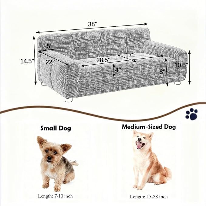 Dog Couch Bed with Backrest and Armrest, Durable Pet Sofa with Upholstered Foam Cushion, Elevated Dog Couch Bed with Legs for Medium Dogs, Stone Grey
