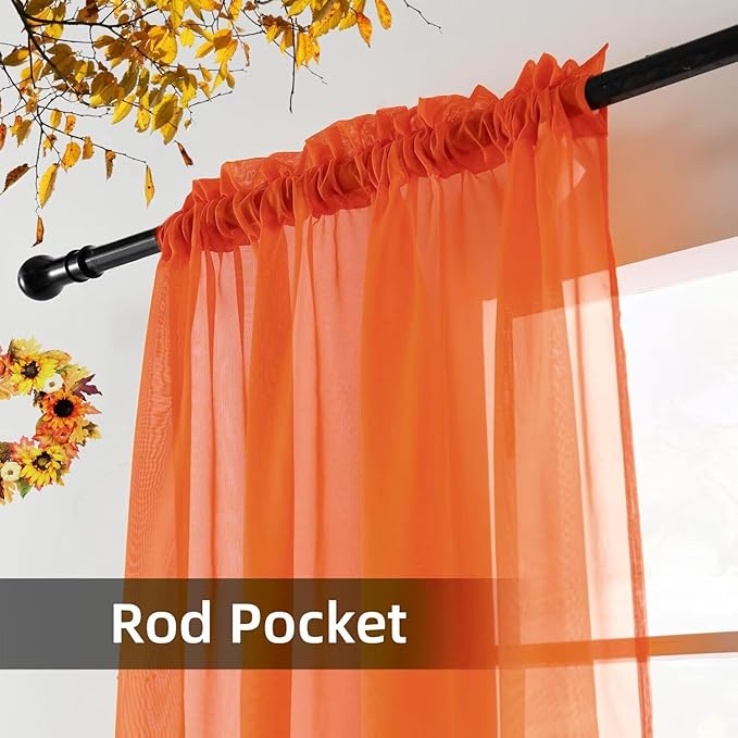 youleyar Solid Sheer Rod Pocket Curtain Voile Draperies 2 Panels White Beige Black Grey Coffee 52 Inch Width 96 Inch Long 1 Pair for Kitchen Bedroom Children Living Room Yard (Burnt Orange,52Wｘ96L)