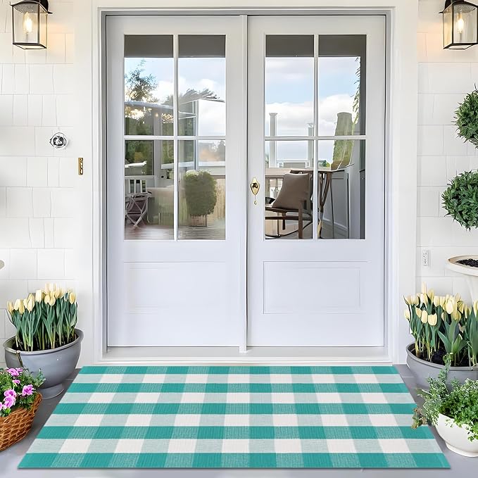 Ckorzen Green and White Plaid Rug, 3' x 5' Spring Outdoor Front Porch Door Decor Mat, Washable Cotton Woven Farmhouse Area Rug for Layered Door Mats Carpet, Entryway, Easter Décor