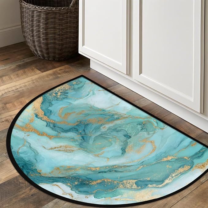 Turquoise Half Round Door Mat Welcome Entrance Mat Bath Bathroom Rug | Turquoise Welcome Entrance Mat Anti-Slip Half Moon Bath Mat Semi Circle Rug Indoor Outdoor Kitchen Rug