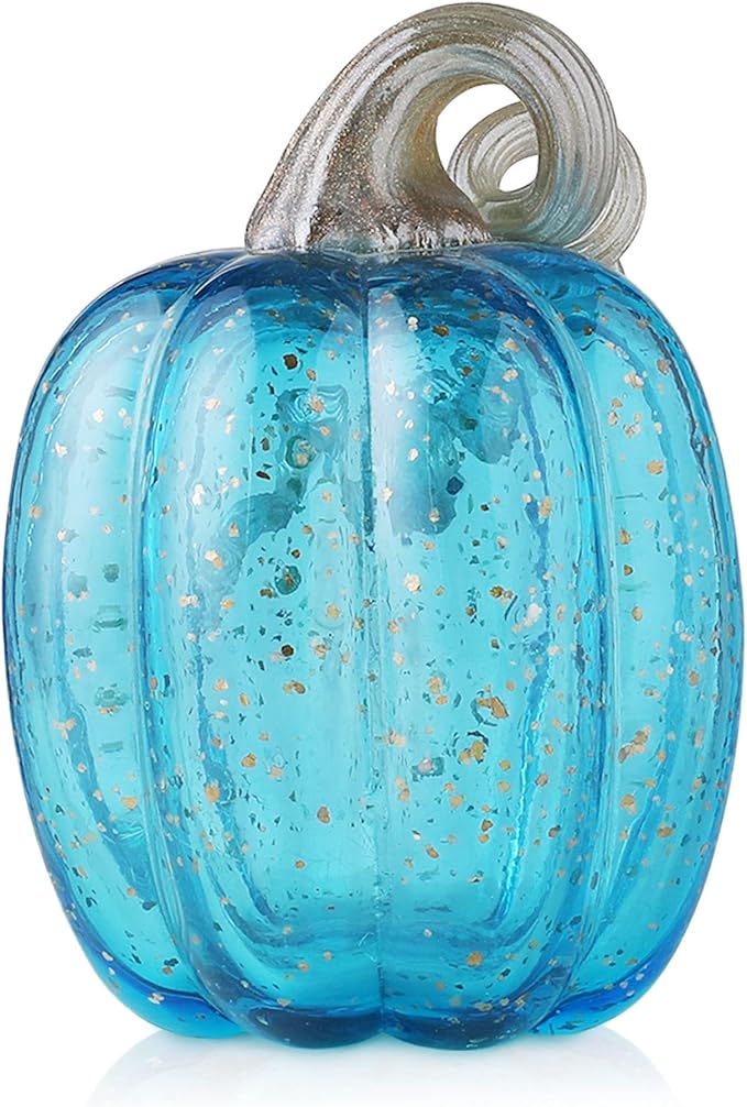 Glitzhome Decorative Hand Blown Glass Pumpkin Figurine, 6.1" H, Blue