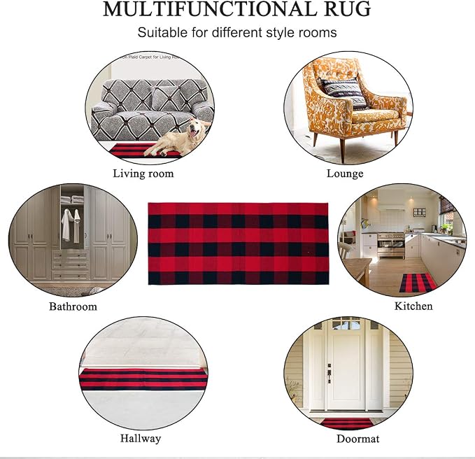 uxcell Buffalo Check Rug,Plaid Outdoor Rug,Layered Door Mat,Cotton Gingham Rugs,Floor Mat for Front Porch/Runner/Bedroom/Kitchen/Farmhouse 51"x24" Red & Black