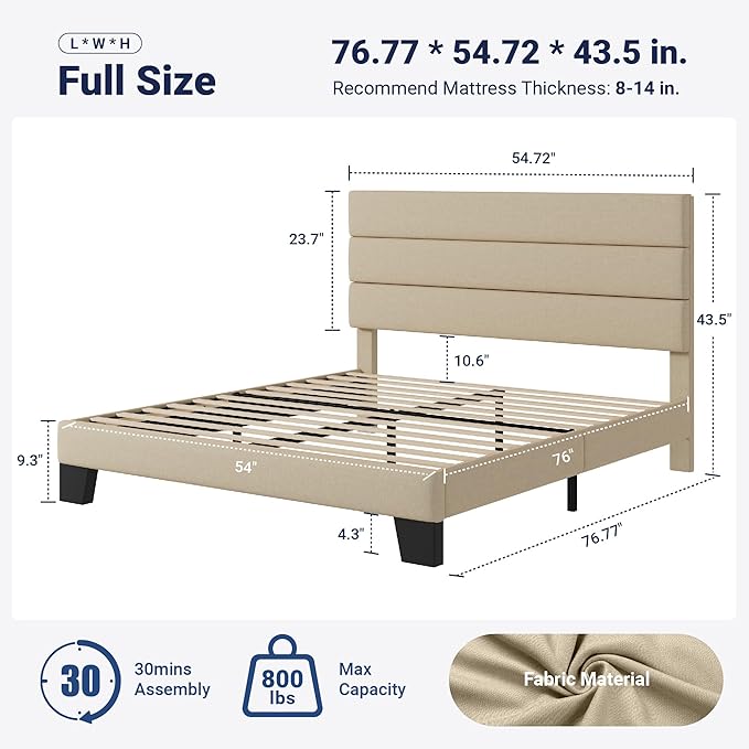 Allewie Full Size Platform Bed Frame with Fabric Upholstered Headboard | Wooden Slats Support, Fully Upholstered Mattress Foundation, No Box Spring Needed, Easy Assembly, Noise-Free, Beige