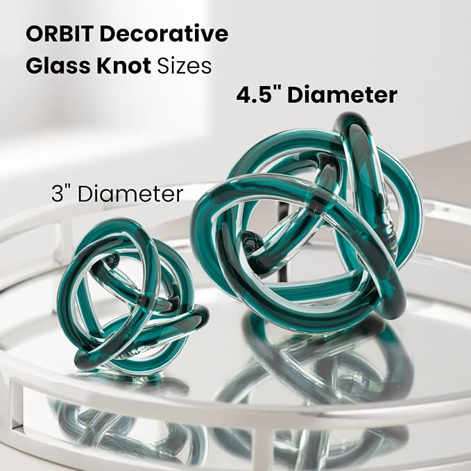 Torre & Tagus Orbit Hand Blown Glass Infinity Knot Sculpture - 4.5 Inch Glass Art Teal Knot Decor Ball for Home Decor, Small Centerpiece Table Decoration for Home Interior (Clear Teal)