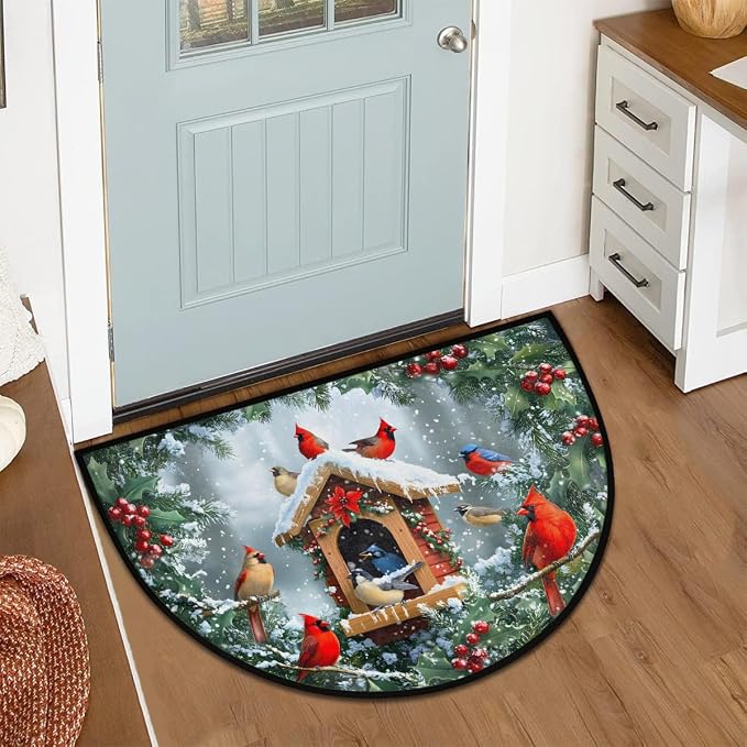 Christmas Xmas Half Round Door Mat Christmas Xmas Cardinal Winter Half Moon Rug Washable Half Circle Area Rugs Indoor Entrance Non Slip Semi Circle Rugs Floor Carpet Kithen Bedroom Decorate Gift
